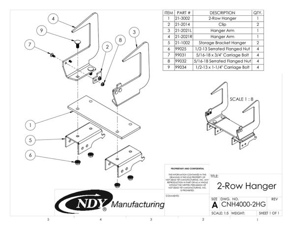 A diagram showing the parts of a Stalk Stomper Storage Hanger for Case 4000 Series - 2 Row.