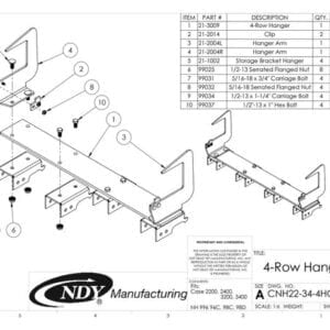 A diagram showing the parts of a Stalk Stomper Storage Hanger for Case 2200 & 3400 Series - 4 Row.