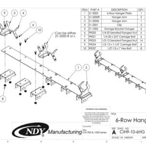 A diagram showing the parts of the Stalk Stomper Storage Hanger for Case 900 & 1000 Series - 6 Row.