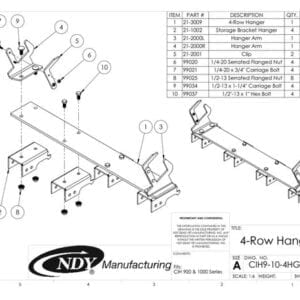 A diagram showing the parts of the Stalk Stomper Storage Hanger for Case 900 & 1000 Series - 4 Row bow hanger.