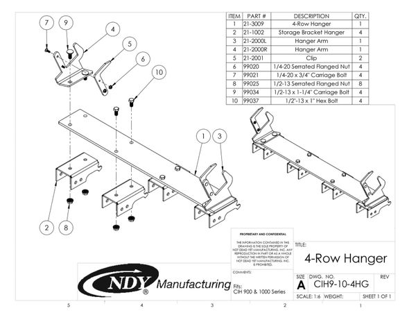 A diagram showing the parts of the Stalk Stomper Storage Hanger for Case 900 & 1000 Series - 4 Row bow hanger.