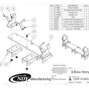 A diagram showing the parts of the Stalk Stomper Storage Hanger for Case 900 & 1000 Series - 3 Row.