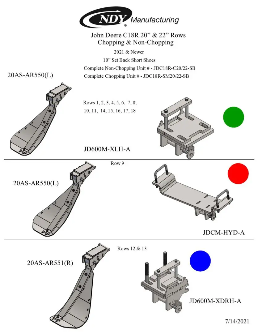 A diagram showing the different parts of Stalk Stompers for John Deere C Series 18 Row Chopping Folding 20-22" Corn Head machine.