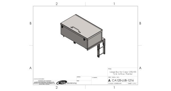 A drawing of a Large Utility Storage Box for 12/16 row 30" Case IH 1250/1255 Planters with a ladder on it.