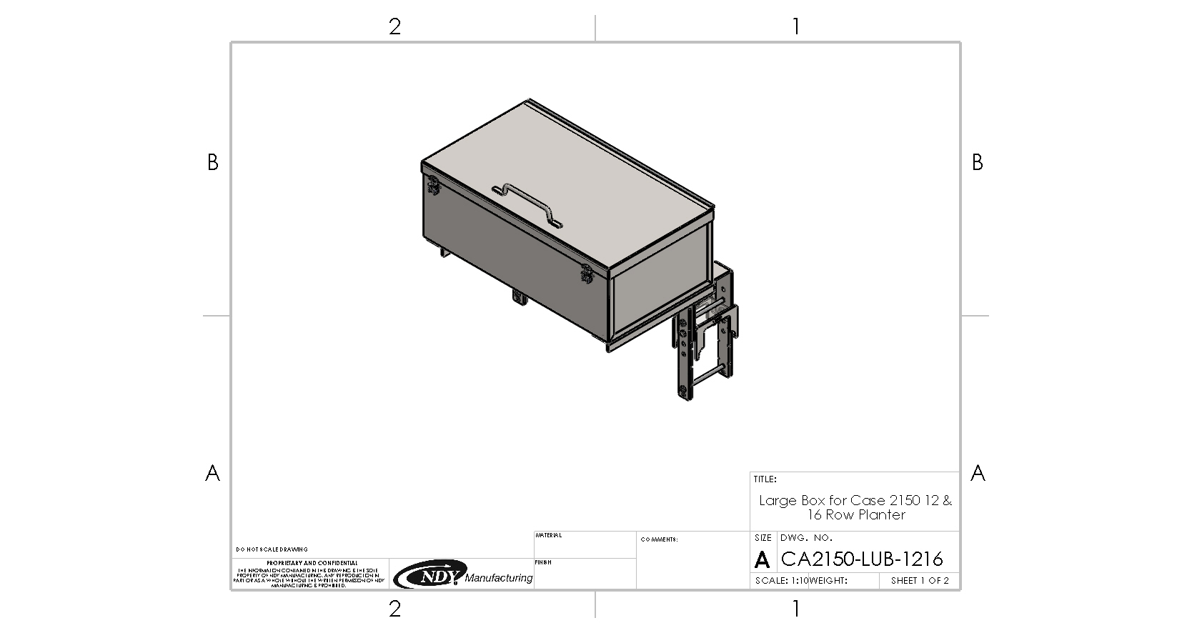 A drawing of a Large Utility Storage Box for 12/16 row 30" Case IH 2150 Planters with a lid on it.