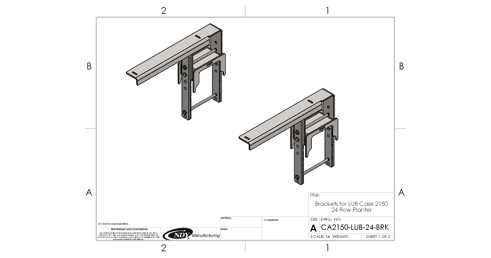 A drawing of Large Utility Storage Box Brackets for 24 row 30" Case IH 2150 Planters.