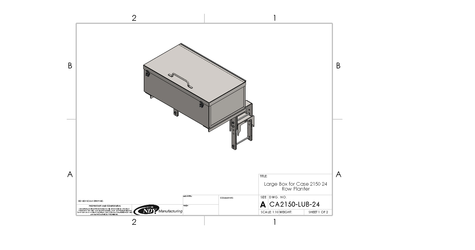 A drawing of a Large Utility Storage Box for 24 row 30" Case IH 2150 Planters with a lid on it.