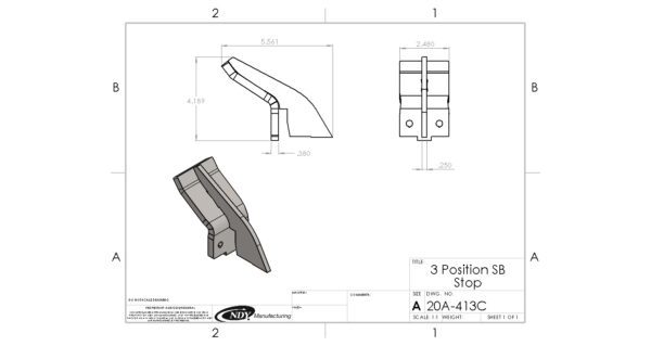 A drawing showing the dimensions of a Stalk Stomper Stop for Setback Style Arm and Shoe Assembly.