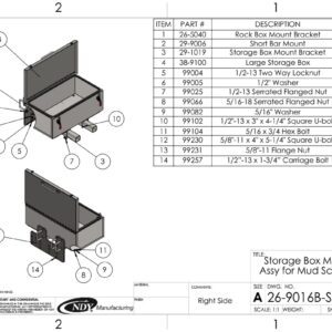Technical drawing of storage box mount assembly.